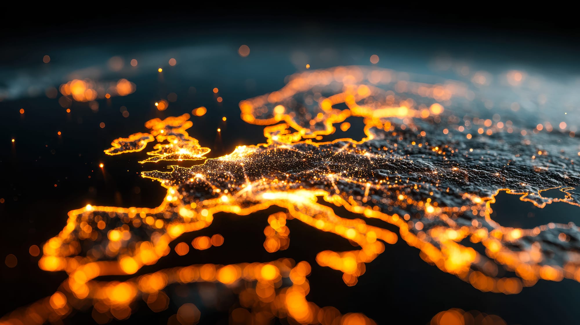 Mapa Europy nocą z siecią świetlnych połączeń